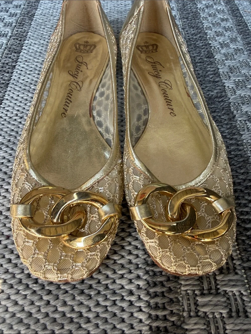 Juicy Couture Gold Quilted Ballet Flats with Chain Accent